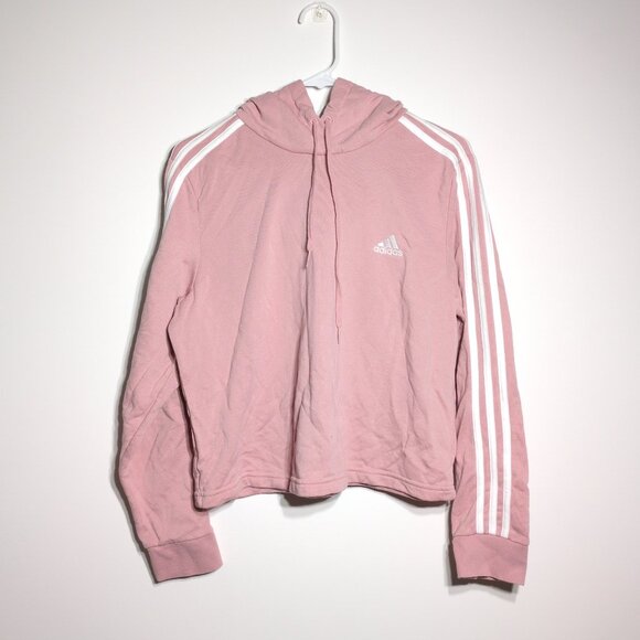 adidas Tops - Adidas Essentials Hoodie Womens Small Striped Sleeve Cropped Mauve Pink White